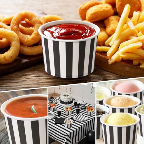 Image of Zopeal 50 Count Black and White Striped Ice Cream Cups Paper Dessert Bowls | 9 oz Disposable Ice Cream Bowls, Birthday Halloween Party Supplies, Snack Cups Sundae Picnic Yogurt Bowls for Food