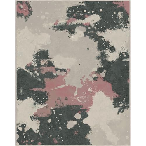 Area Rugs 8x10 for Living Room Bedroom, Modern Splash Abstract Machine Washable Rug, Large Soft Low Pile Floor Cover with Non Slip Backing for Dining Room, Pink/Charcoal