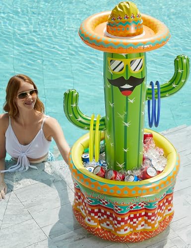Jasonwell Inflatable Pool Party Cooler - Fiesta Cactus Ice Bucket Luau Hawaiian Tropical Beach Themed Birthday Easter Party Decorations Favors Supplies Decor Blow Up Drink Cooler Outdoor Kids Adults
