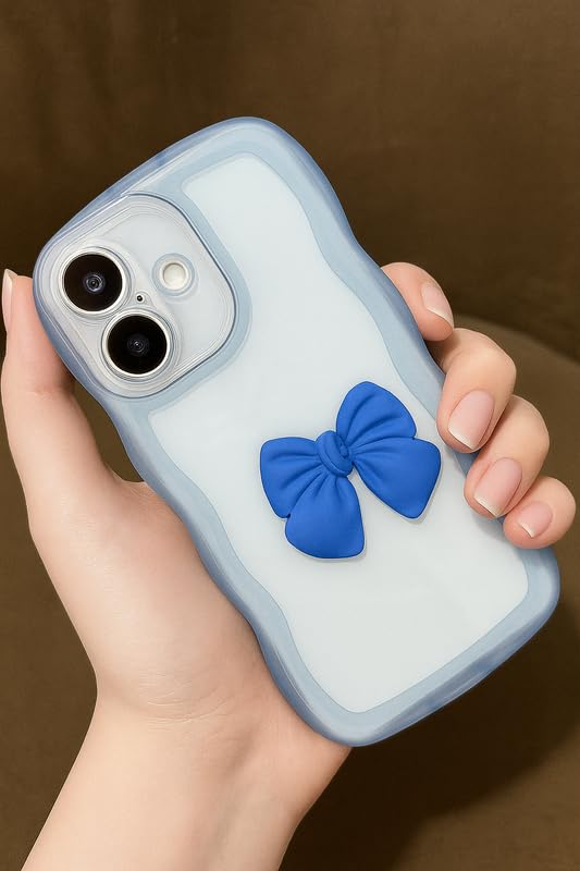 Image of ZR015 for iPhone 16 Back Case Cover | Wave Edge Bow Slim Fit | Camera Protection | Shockproof TPU Case - Blue
