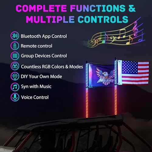 Image of Nilight LED Whip Light 2 PCS 3FT COB RGB Lighted Antenna Whips with Spring Base Remote & App Control DIY Patterns Turn Brake Reverse Lights for Can-am Offroad ATV UTV RZR Polaris Dune Buggy Truck