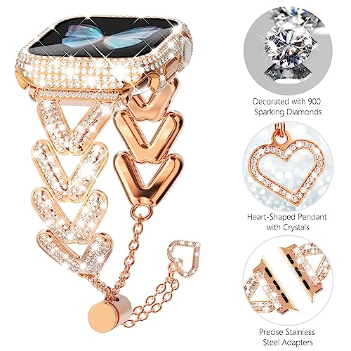 WINGLE Bling Band and Case for Apple Watch Band 45mm Series 9 8 7 Women, Luxury Sparkle Rhinestone Crystal Metal Band Designer Chain Bracelet with Diamond Screen Protector Case, 45 mm Rose Gold by WINGLE - Used condition - Image 2