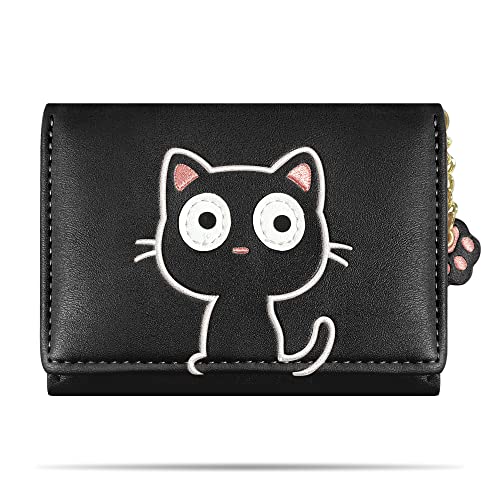 Cute Wallets for Teen Girls, Aesthetic Coquette Trifold Womens Small Wallet with Card Holder ID Window (3D Cat Pattern Black)