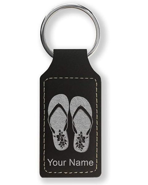 LaserGram Rectangle Keychain, Hawaiian Beach Sandals, Personalized Engraving Included (Black with Silver)