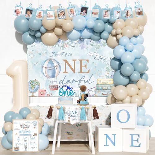 Party Inspo Mr Onederful First Birthday Decorations 99 PCs 1st Party Supplies for Boy with Isnt He Onederful Hot Air Balloon Backdrop Balloon Garland Airplane One Cake Topper