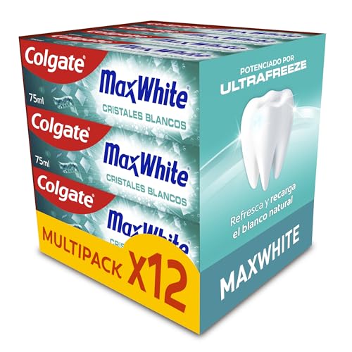 Colgate Max White Pasta de Dientes Cristales Blancos 12x75ml, frescor potenciado por UltraFreeze, 10x más duradero, recupera el blanco natural de tus dientes, explosión instantánea de fresco