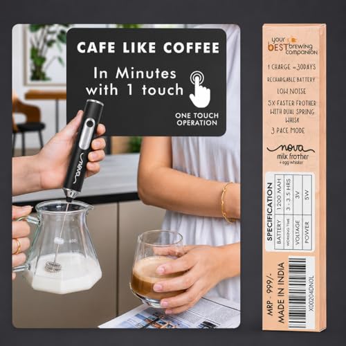 Image of Nova Premium Coffee Frother 1 Year Warranty Electric Handheld Milk Frother for Coffee, Latte & Cappuccino | High Speed Foam Maker with Stainless Steel Whisk | Portable Coffee Beater Bundle Pack