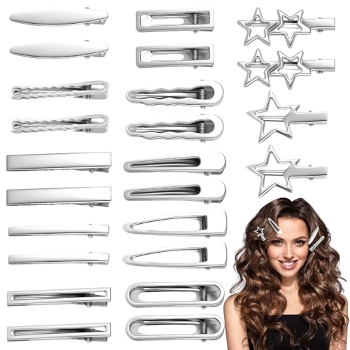 24PCS Silver Hair Clips Set Hair Clips Cute Y2k Hair Accessories Metal Barrettes Anti-Slip Wavy Star Hair Clip for Women Girls