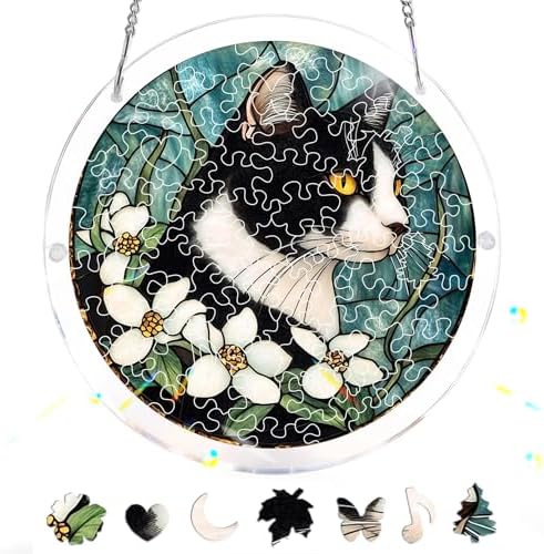 Acrylic Suncatcher Jigsaw Puzzle Cat 83 Pieces DIY Stained Glass Window Art for Adults Double Sided Light Catcher with Chain Home Decor Birthday Gift 7.4 Inch