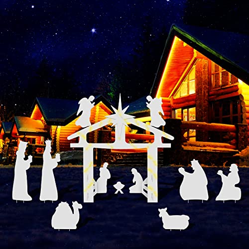12 Pcs Outdoor Nativity Scene Display Set Christmas Large Holy Nativity Yard Signs Lawn Nativity Scene Manger Scene Religious Signs With String Lights For Home Yard Lawn Holiday Decor (White) #TOP6