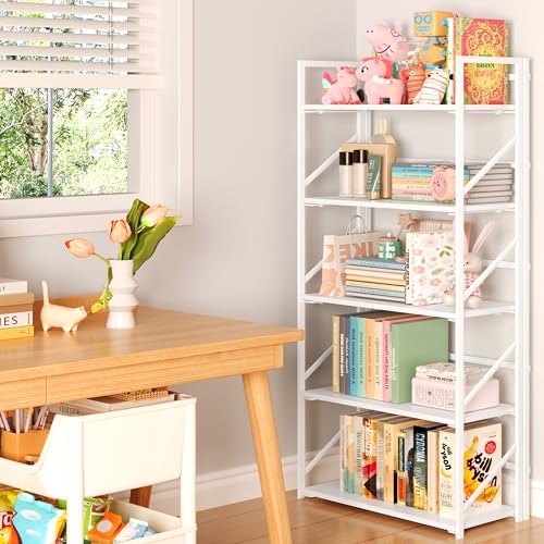 Image of JSB No Assembly Folding Bookshelf, 5 Tier Industrial Metal Book Shelf for Storage, Vintage Wood Foldable Bookcase for Living Room, Bedroom, Office Organization Shelves