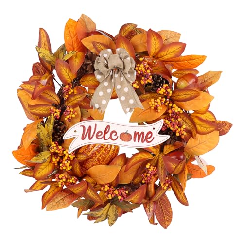 Fall Wreaths for Front Door Outside Decor, 20" White Pumpkin Berry Orange Leaves Pinecone Wreath Decorations with Bow and Hanging Sign for Thanksgiving Home Outdoor Indoor Porch Harvest Autumn