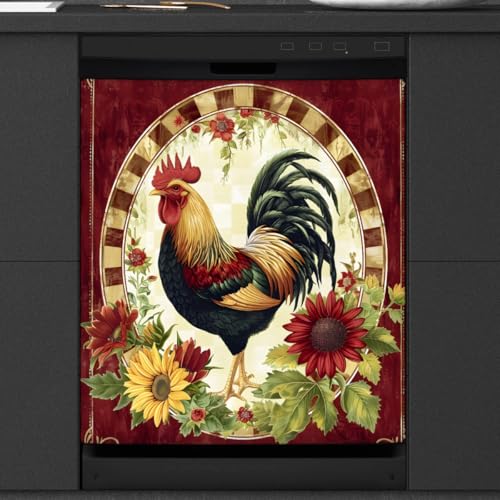 Dishwasher Magnetic Cover Kitchen Decor, Vintage Rooster Sunflower Dishwasher Magnet Sticker Trimmable Refrigerator Magnetic Sticker Home Appliances Magnet Decorative Decal Sheet 23 x 26 Inch,A-2