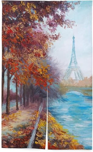 のれん パリ アイフェルタワー 秋 自然風景 紅葉 河川 油絵 芸術 暖簾 カーテン おしゃれ 間仕切り 遮光 目隠し ロング 断熱 つっぱり棒 突っ張り棒 伸縮棒付き 86*143cm インテリア 喫茶店 居酒屋 飾り付け 装飾 34x56inch