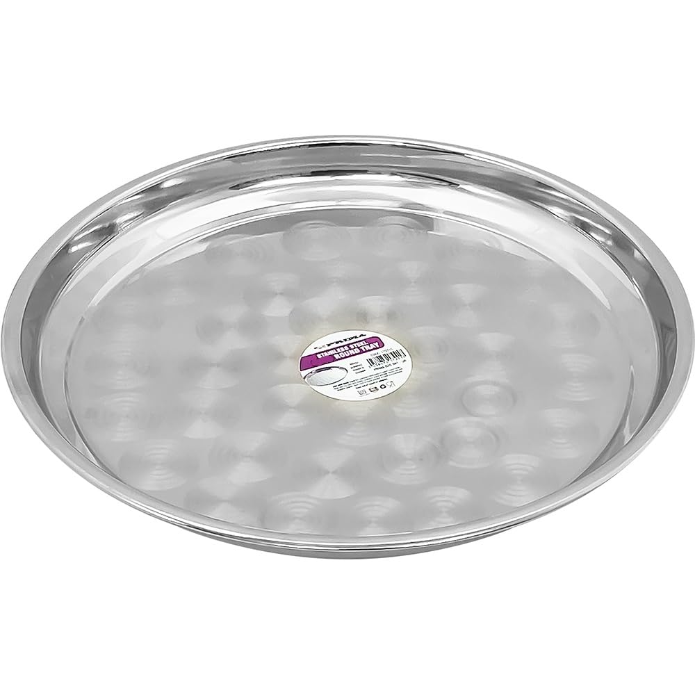 Stainless Steel Round Serving Tray - Non-Slip Drinks Bar Serve Waiter Food Tray Kitchen | For Serving Food and Drinks | Ideal for Parties, Gatherings, Bars, Restaurants & Home (35cm)
