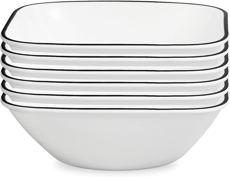 Corelle Vitrelle Tazones para sopa de cereales de 6 piezas (22 onzas), triple capa de vidrio y resistente a astillas, juego de vajilla cuadrada liviana, líneas simples | Juego de vajilla cuadrada liviana, resistente al vidrio y a las astillas de triple capa, líneas simples