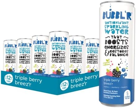 BUBBL'R triple berry breez'r, Antioxidant Sparkling Water with Natural Caffeine, 0g Sugar, Gluten Free, All Natural Flavors, 12 Fl Oz Cans, 12 Count