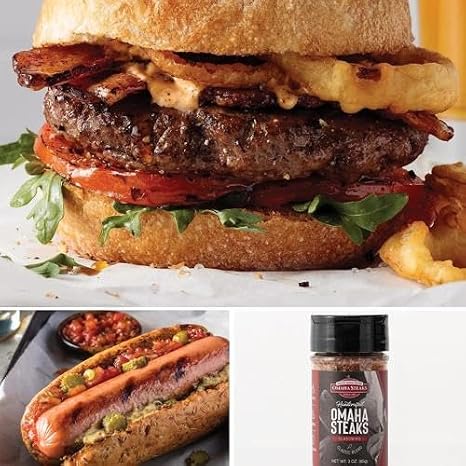 Omaha Steaks Burgers & Franks Flight | Whats inside: 16 (6 oz.) Omaha Steaks Burgers, 16 (3 oz.) Gourmet Jumbo Franks, and 1 jar (3 oz.) Omaha Steaks Seasoning Easy, no-fuss prep: burgers and franks go straight from freezer to grill or skillet