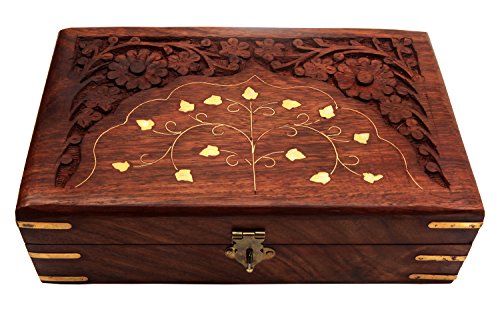 Superbe décoratif en bois Boîte à bijoux floraux sculptures et laiton Inlay