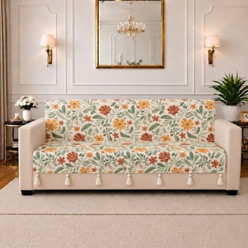 Image of STITCHNEST 'Eden Weaves Collection Series' 1 Seater Sofa Cover - Full Coverage| Elegant Woven Fabric, Decorative Tassels, Washable & Durable for Modern Living
