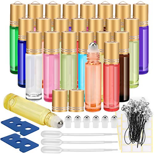 ESARORA Essential Oil Roller Bottles, 24 Pack 12 Color 10 ml Glass Roller Bottles with Stainless Steel Roller Balls and Golden Hanging Lids(3 Dropper, 6 Extra Roller Balls, 2 Bottle Opener Included)