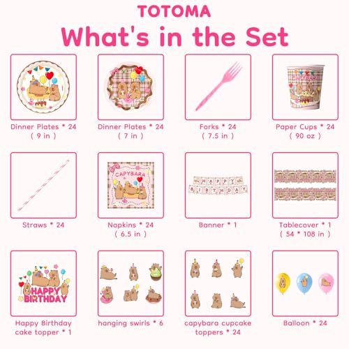 212 Pcs Capybara Birthday Decorations Serve 24 Guest, Capybara Plates, Napkins, Tablecloth, Balloons, Banner, Cake Topper, Cupcake Toppers & More for a Whimsical Animal-Themed Celebration! — view 3