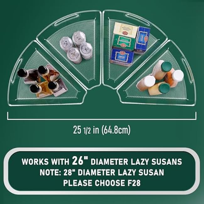 Lazy Susan Cabinet Organizer Bins for 26/ 28/ 32 Diameter Corner Organizer, Plastic Cabinet Storage Bin, 1/8 Wedge - Food Safe, BPA Free, with Non-Slip Pads (for 26 Diameter, 4 Pack)