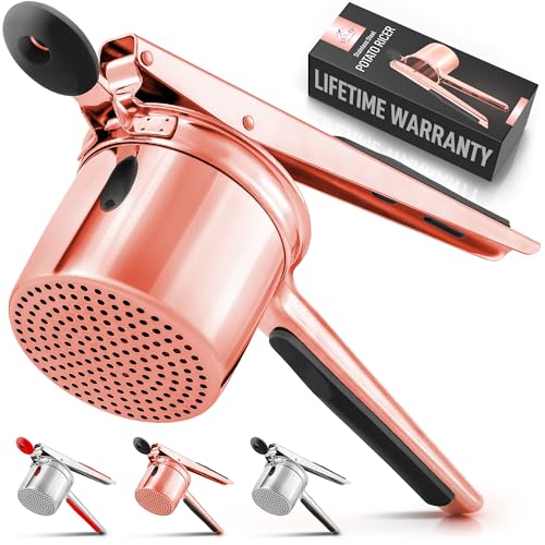 Zulay Kitchen Large Potato Ricer Stainless Steel Professional (13.5oz) - Heavy-Duty Ricer for Mashed Potatoes - Manual Ricer Kitchen Tool With Non-Slip Handle - Mashed Potatoes Masher (Rose Gold)