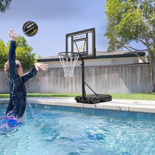 DEBERG Swimming Pool Basketball Hoop Set Height-Adjustable Portable Pool Basketball Hoop Poolside with Shatterproof Backboard and Stainless Steel Rim/Bracket, Includes a Ball and Air Pump