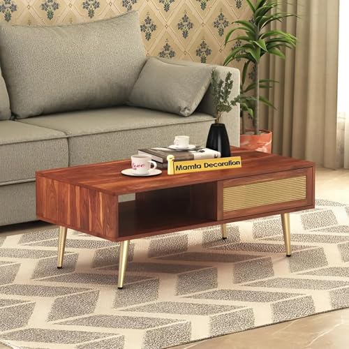 Image of MAMTA DECORATION Solid Sheesham Wood Coffee Table for Living Room | Wooden Center Table with Drawer & Open Shelf Storage for Home, Hall & Lounge | Modern Teapoy /Tea Table | Honey Finish
