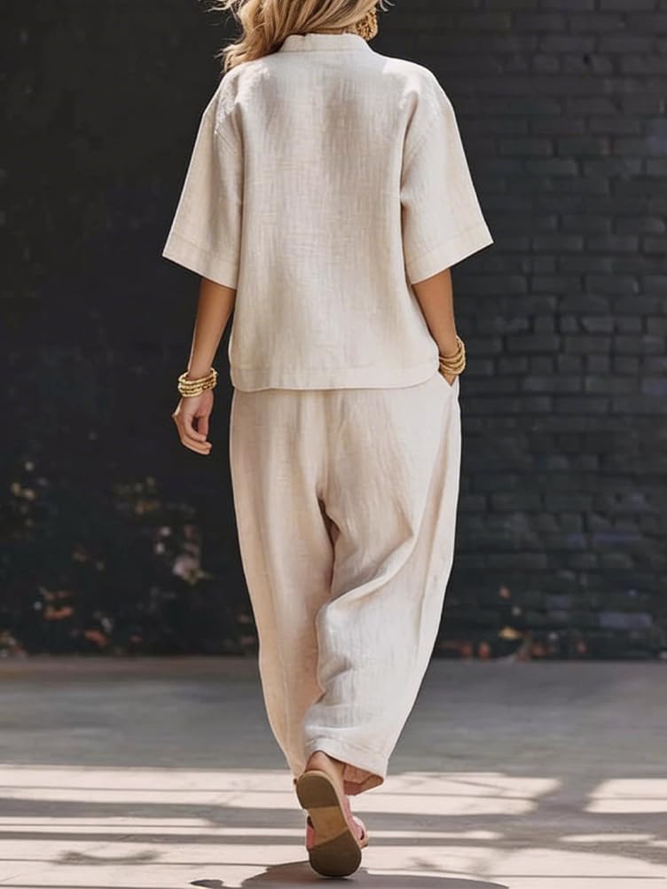 shownicer Ensemble Femme Coton et Lin 2 Pièces Chic et Elegant Tenue Manches Courtes Tops Et Pantalon Ensembles en Lin Décontractée Ete Tenue