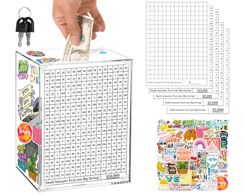 Acrylic Clear Piggy Bank with Lock for Adults Kids, Big Money Bank Cash Vault Openable, Coin Bank, DIY Money Saving Box Reusable with 10k, 5k, 3k, 2k, 1k Money Targets, Change Jar for Birthday