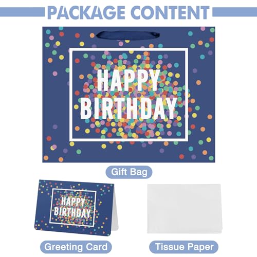 Laidans 13 Inch Large Happy Birthday Gift Bag Blue With Card And Tissue Papers For Men Boys Colorful Dots Design With Handles thumb #2