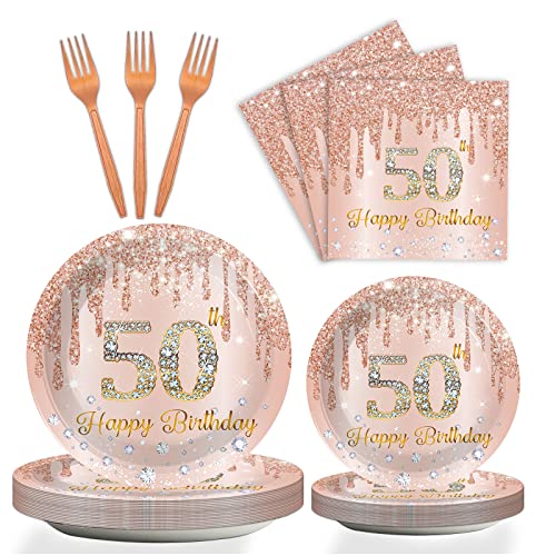 Image of 96 Pieces 50th Birthday Tableware Set for Pink Rose Gold 50th Birthday Table Decorations Supplies Pink Rose Gold Happy 50 Years Old Dessert Paper Plates Napkins Forks for 24 Guests Women Supplies