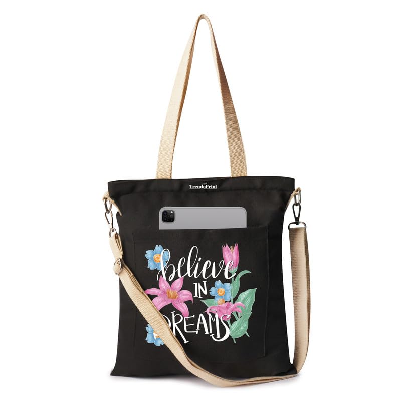TrendoPrint Women’s Girls Cross Body Sling Bag with Extra Front Pocket, College Bag for Girls, 100% Organic Cotton Tote Bag for Shopping, Travel & Beach