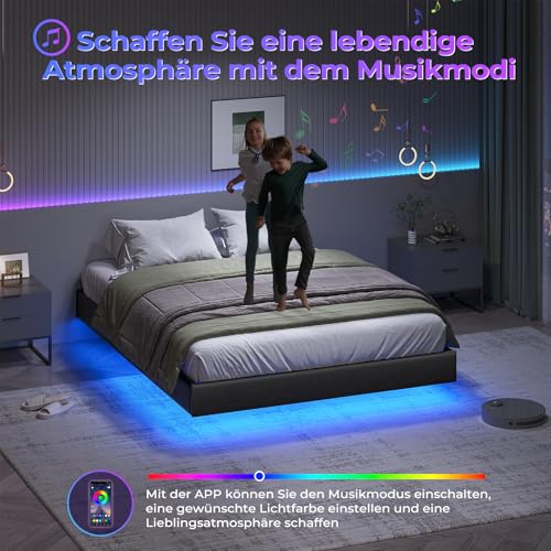 DICTAC Bett 140x200 mit Verstellbarer Beleuchtung,Bettgestell 140x200 mit weicher Polsterung, Floating Bed Frame, Gepolstertes Jugendbett für Schlafzimmer, Gästezimmer, Leichte Montage, Schwarz