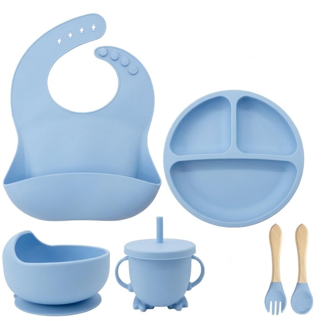 Silicone Baby Feeding Set 6 Pieces with Suction Plate, Bowl, Adjustable Bib, Straw Cup, Spoon & Fork, BPA Free Baby Led Weaning Essentials – Blue-image-31