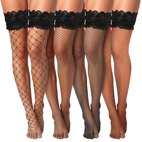 Image of Ptwola 4 Pairs Thigh High Fishnet Stockings Women Lace Thigh Knee High Fishnet Stocking Top Sheer Over Knee Silky Stockings Black Stay Up Tights Fish Net Pantyhose for Role Playing Rave Outfits