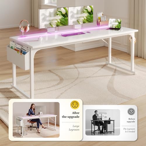 Image of DurayLoly 63 inch Office Desk with LED Lights,Computer White Desk with Storage Bag&Headphone Hook,Spacious Under-Desktop for Study Writing Work Gaming Desk,Sturdy Metal Frame,Bedroom,Rustic Brown