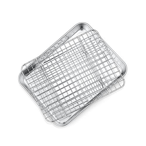 9 Inch Mini Toaster Oven Pan with Rack Set, P&P CHEF Stainless Steel Small Baking Pan Tray and Grid Cooling Rack for Cooking / Roasting, Dishwasher Safe & Easy to Clean, Non-toxic & Durable