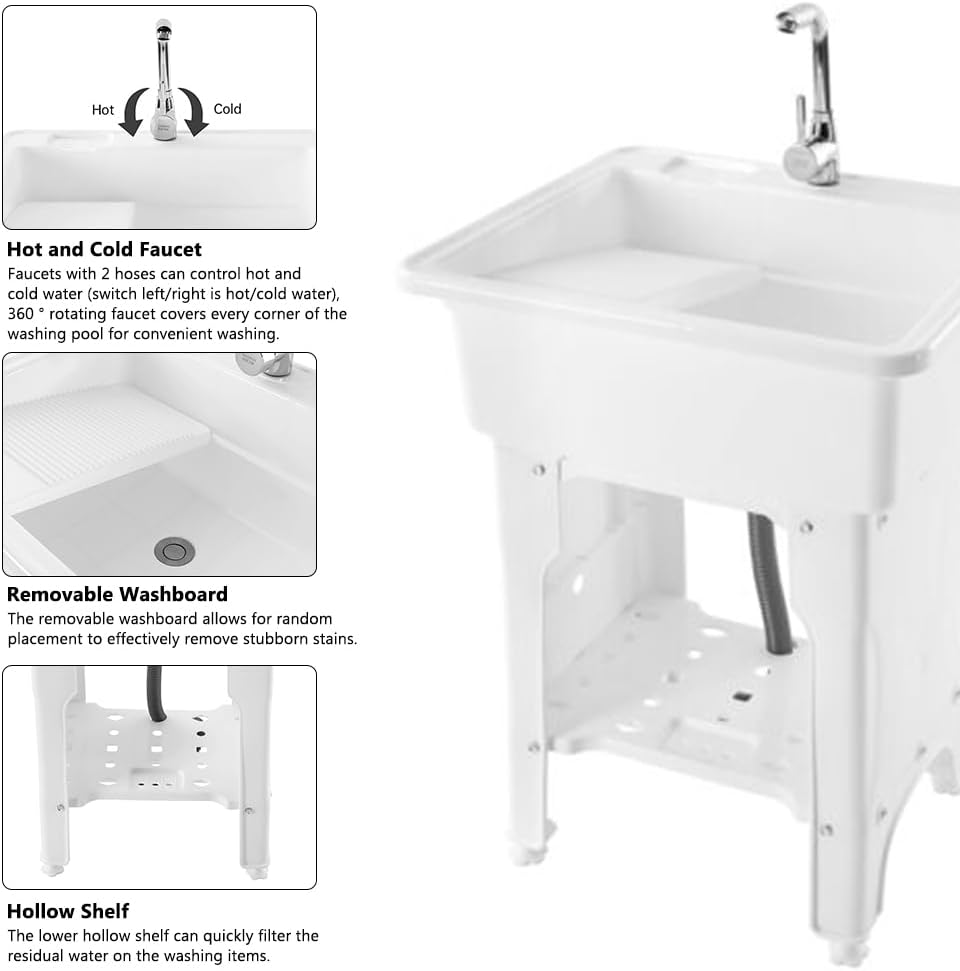 Utility Sink Freestanding Utility Sink Laundry Tub with Faucet Outdoor Washing Tub Wash Station Sink White Utility Sink for Laundry Rooms, Basements, Garages or Stores