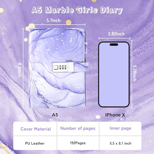 Image of Diary with Lock for Girls, A5 Password Refillable Lined Journal Kit Locked Diary, Cute Stuff Christmas Birthday Gifts for Girls 6 7 8 9 10 11 12 13 14 Year Old Girl Toys, Teen Girl Gifts, Purple