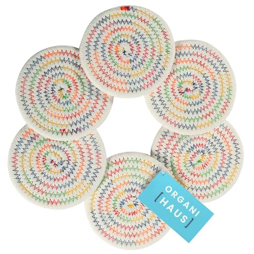 OrganiHaus Rainbow Drink Coasters Set of 6, Absorbent Cotton Woven Cup Coasters, Rustic Farmhouse Boho Decor for Coffee Table and Drinks Protection, Cute Coaster for Drinks, Coaster for Office Desk