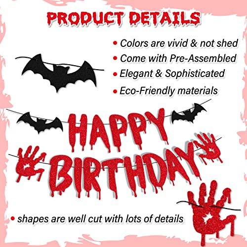 Halloween Happy Birthday Banner Bloody Hand Scary Bat Horror Vampire Zombie Theme Decorations For Kids Boy Girl Halloween Red Glitter Party Supplies #TOP1