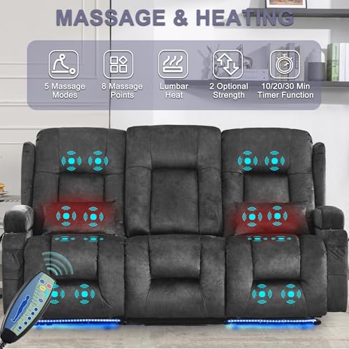Image of URRED Power Loveseat Recliner Sofa with Massage and Heat, Wall Hugger Reclining Loveseat with Console, RV Couch Home Theater Seating with LED Lights for Living Room (Dark Grey, 76.8 inch - 3 Seats)