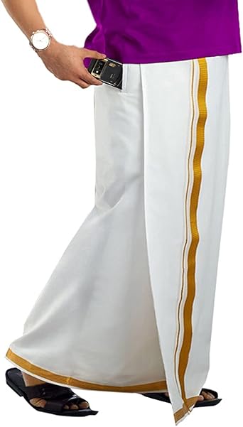 KolakeerTM Mens Easy-To-Wear Welcro Zari Border Cotton Dhoti with Pocket - Adjustable from 28 to 38 inch Waist Size