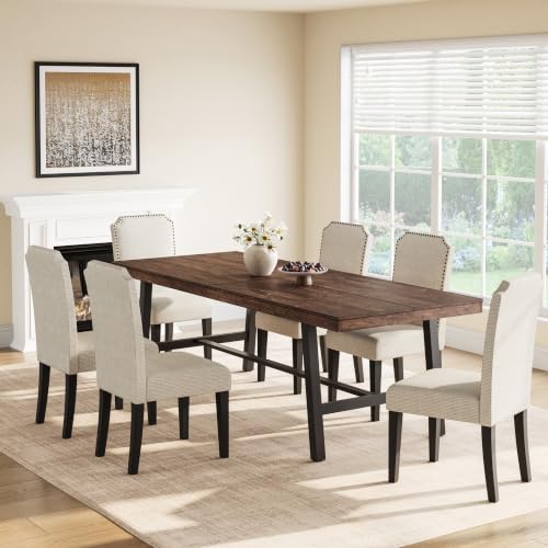 Image of GarveeHome Industrial Dining Table for 8-10 People, 86.61 inch Long Kitchen Table with Sturdy Metal Frame, Rectangular Counter for Dinner, Kitchen, Dining Room (Dark Rustic Birch, 87 inch Non-extendable)