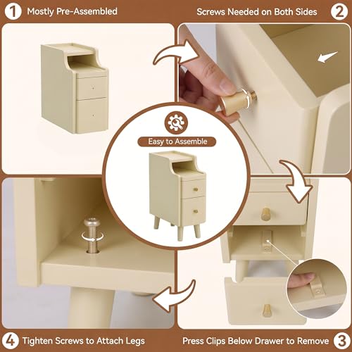 Image of Nightstand, Pre-Assembled, 19.7 inchH Solid Wood Narrow Night Stand with 2 Drawers, Open Sliding Shelf, Mid Century Modern Small Bedside Table for Bedroom, Cream 8 inch