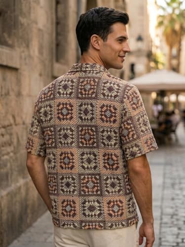 Image of GRECIILOOKS Men`s Shirt | Mens Casual Crochet Knitted | Half Sleeve Printed Crochet with Cuban Collar Shirt`s | Relaxed fit Textured & Stylish Premium Mens Shirt