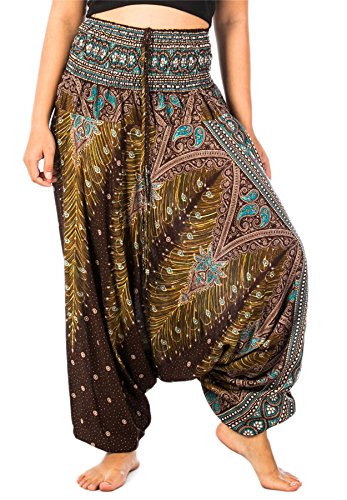 Pantalons harem pour femmes Lofbaz motif paon avec confortable taille smockée